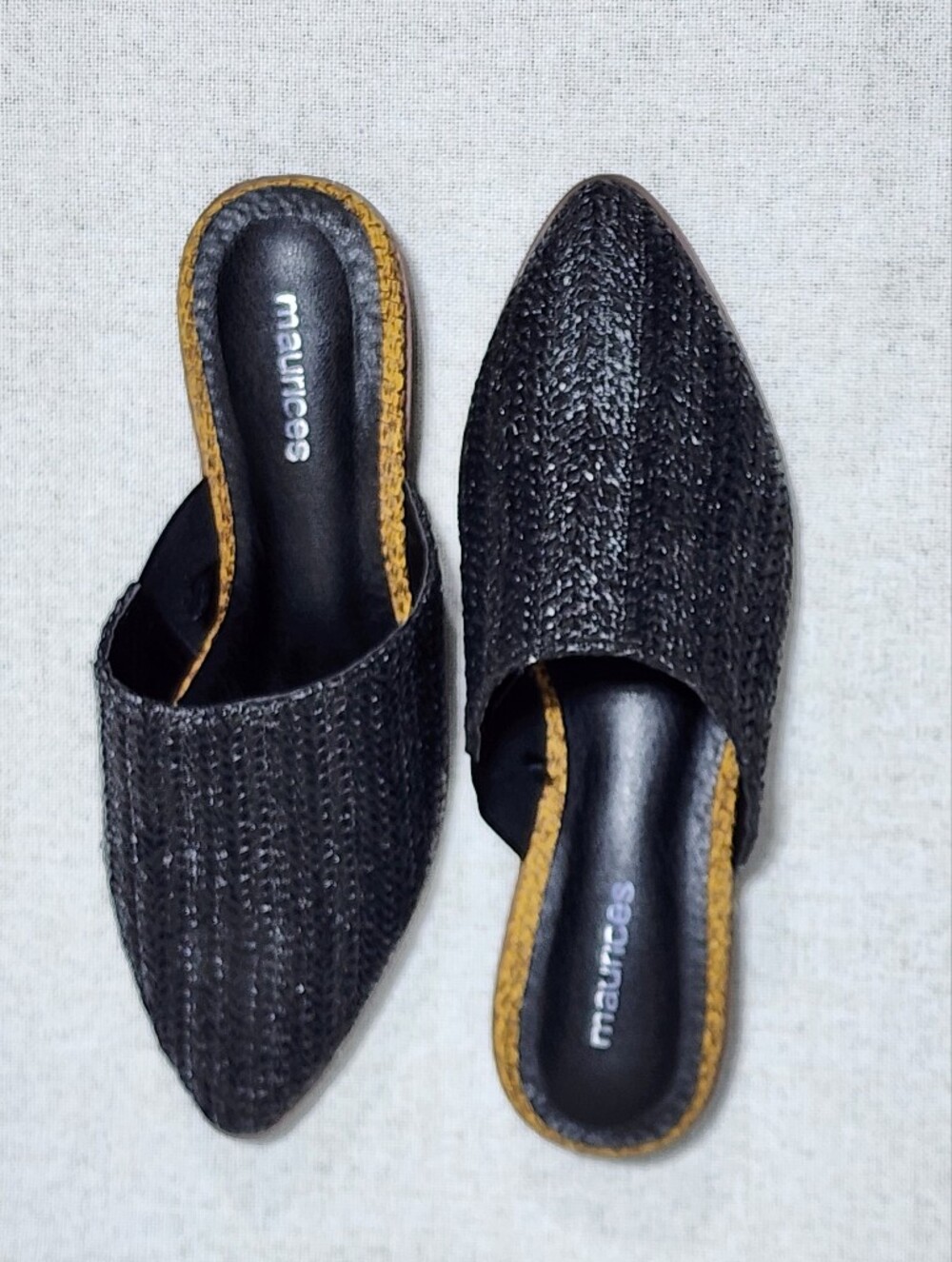 Maurices Black Woven Pointed-Toe Slide Mules with Tan Trim